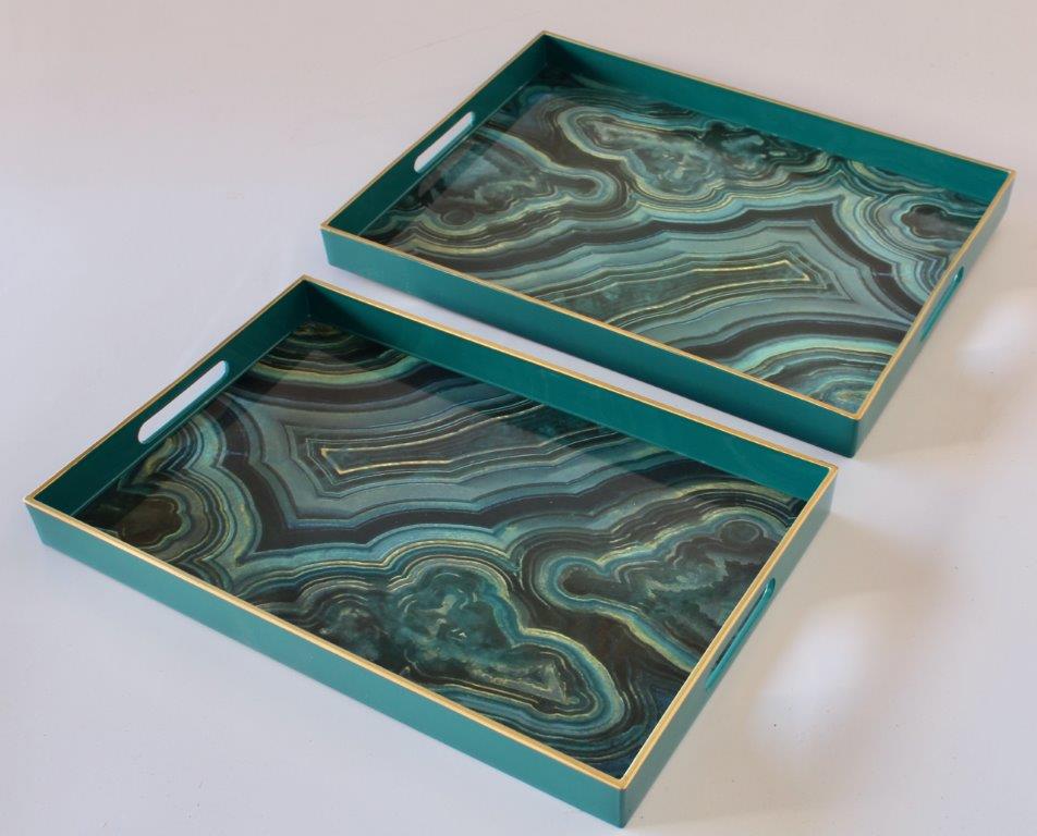 Set Of 2 Green Marbled Trays